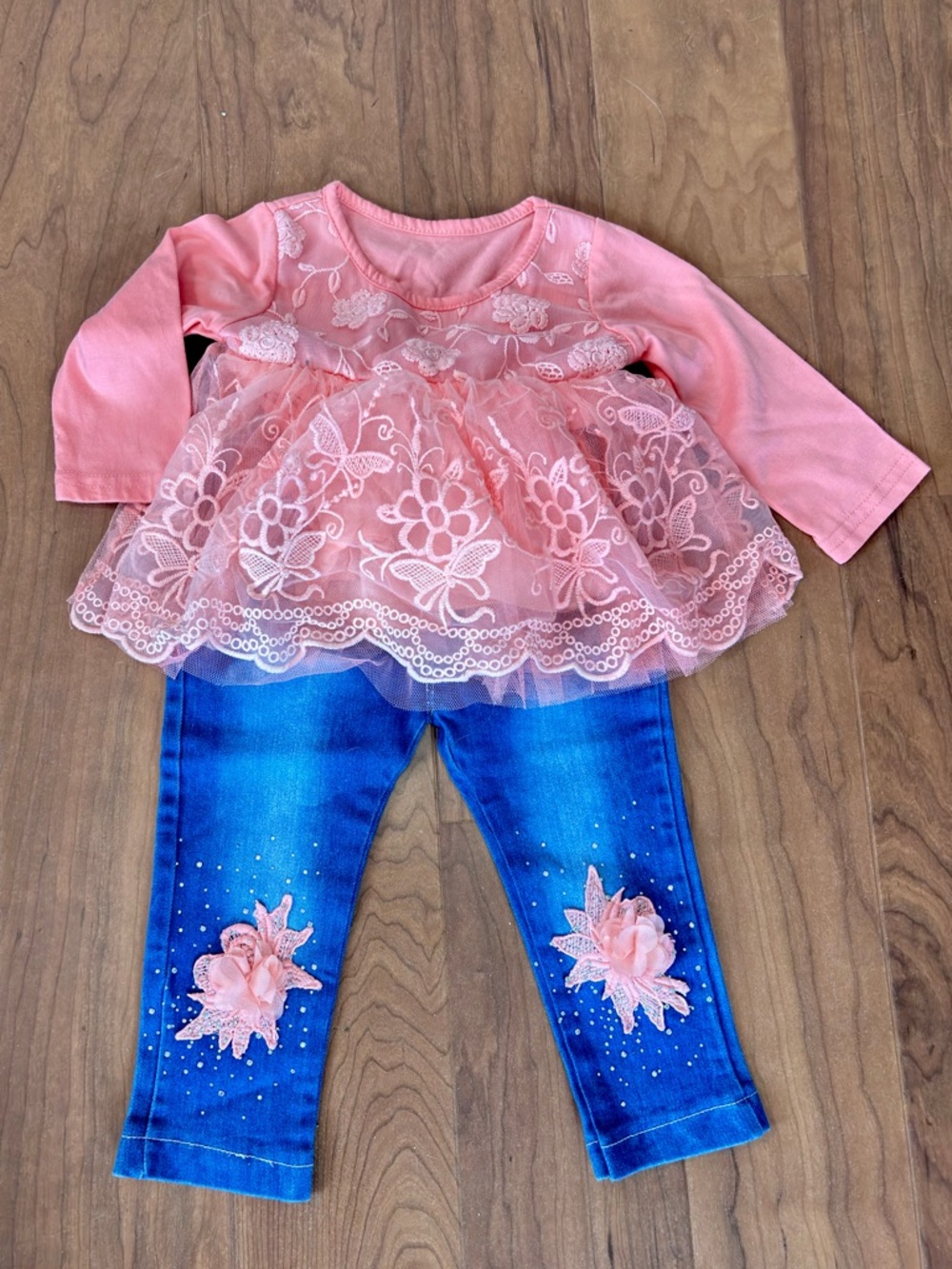 Pink Lace Tulle Tunic with Embellished Blue Denim Leggings